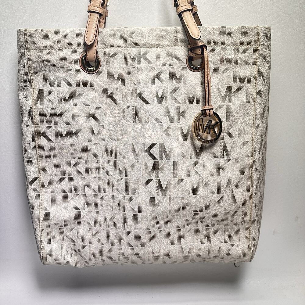 Michael Kors Jet Set Tote Bag Sign Vanilla Coated Canvas Saffiano Leather Trim